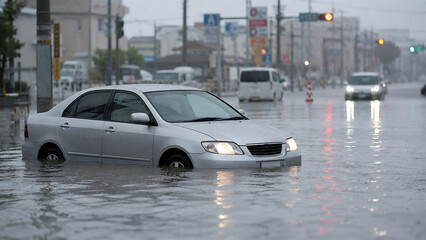 Obraz premium 道路冠水による車の立ち往生イメージ
