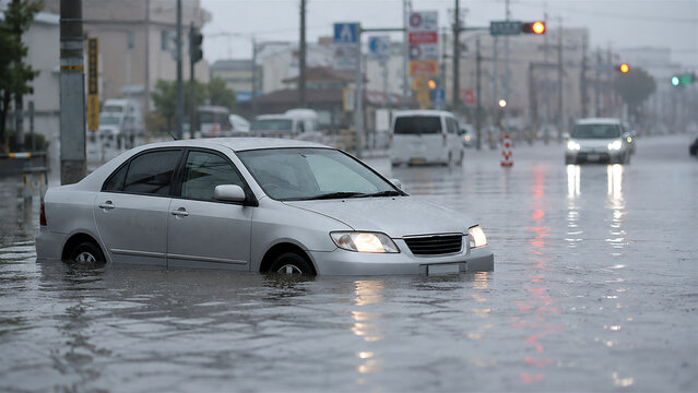 道路冠水による車の立ち往生イメージ