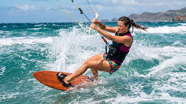 Woman kitesurfing on a sunny day with turquoise water and waves