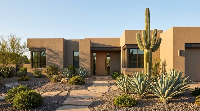 Modern adobe house with saguaro cactus in the front yard under a clear blue sky. arizona front yard