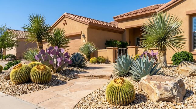Beautiful desert house exterior with cactus garden and sunny blue sky in a suburban neighborhood. arizona front yard