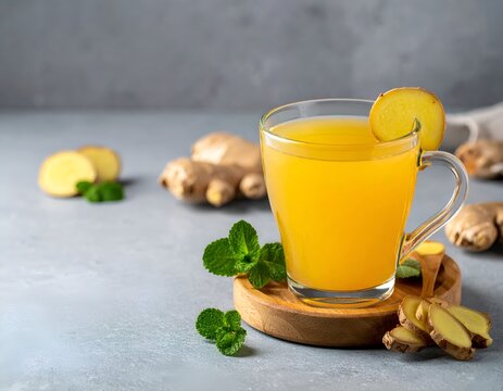 Ginger tea on coaster with ginger root.