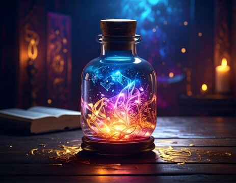 Glowing magic potion bottle with galaxy interior on table.