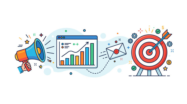 Marketing campaign illustration: A vibrant illustration depicting a marketing campaign, featuring a megaphone, growth chart, email icon, and target, symbolizing strategy and success.