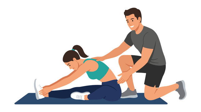 Fitness Coach Assisting Stretch: A male fitness coach gently guides a female athlete through a seated hamstring stretch, demonstrating proper form and support in a dedicated workout setting.