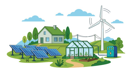 Fototapeta premium Eco-friendly homestead with renewable energy sources including solar panels, a wind turbine and greenhouse, illustrating a sustainable lifestyle in harmony with nature.