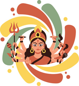 Durga Illustration with Multiple Arms and Traditional Ritual Objects