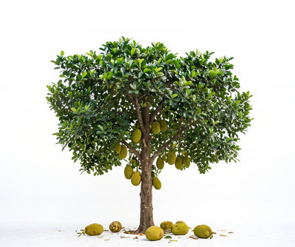 Jackfruit tree with hanging and fallen fruits on white background