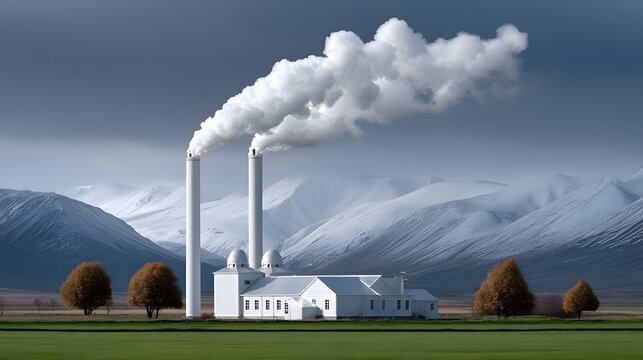 Industrial factory building with twin smoke stacks emitting white vapor into cloudy sky against snowy mountain background smoke stack power plant air pollution snowy mountains green field