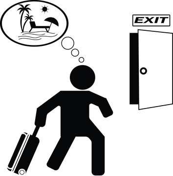 Icon of a silhouette person walking towards an exit door while dreaming of a relaxing beach vacation with a suitcase