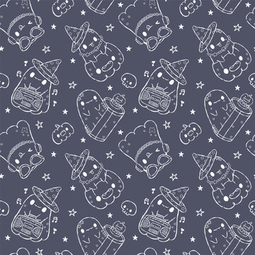 Retro Halloween Ghost Y2K Outline Seamless Pattern, Cute Spooky Line Art Repeat Background Cartoon Hand Drawn