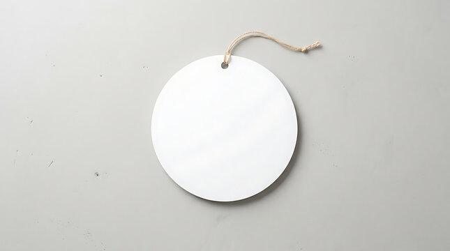 Blank White Oval Retail Display Dangler Sign with Twine Hanger on a Textured Gray Background