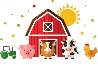 Naklejka premium Farm Animals with Red Barn and Tractor Flat Illustration