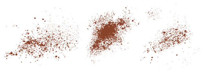 Fototapeta premium Horizontal cinnamon or coffee powder splatters isolated on white background. Brown spice dust particles set.