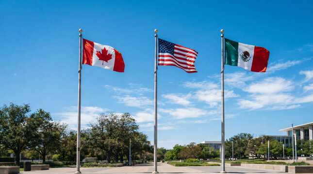 Canadian, United States and Mexican flags waving together against clear blue sky, North American partnership, international relations, trade cooperation and regional identity concept