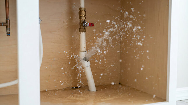 Broken white plastic pipe spraying water inside utility cabinet, household plumbing emergency, leaking connection, repair service and home maintenance problem concept