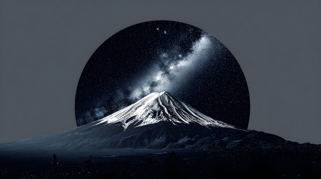 Snowy mountain peak with milky way galaxy inside a circle digital art