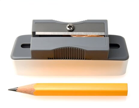 Desktop pencil sharpener with yellow pencil on white.