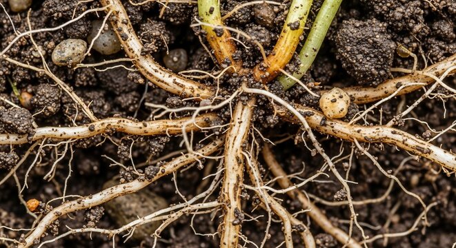 Plant roots soil macro closeup