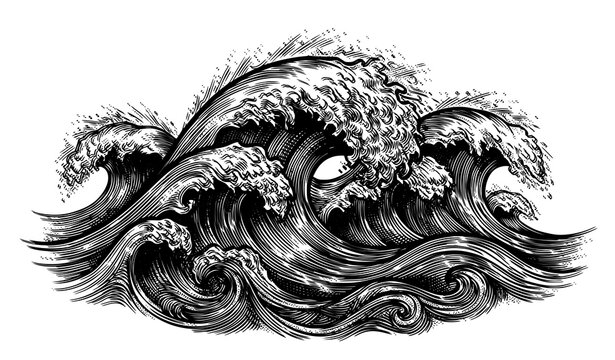 Dynamic Crashing Sea Waves Foamy Surf Black White Line Art Vector