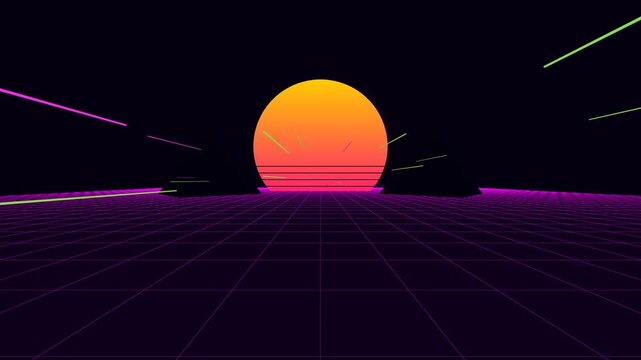 Retro 80s synthwave neon grid landscape animated background camera moving forward toward a glowing orange sun with fast flying light streaks, low angle view, vibrant futuristic nostalgic mood