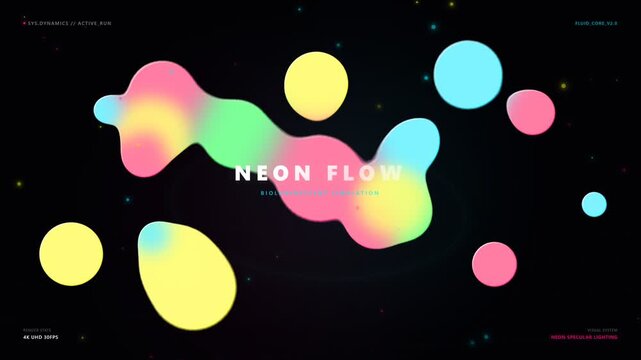 Abstract vibrant neon liquid blobs dynamic animation showing glowing gradient fluid metaballs merging and floating smoothly against a dark black futuristic background in dynamic motion graphics.