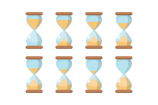 Set of eight hourglasses with different levels of sand representing time passing isolated on a white background, time management concept