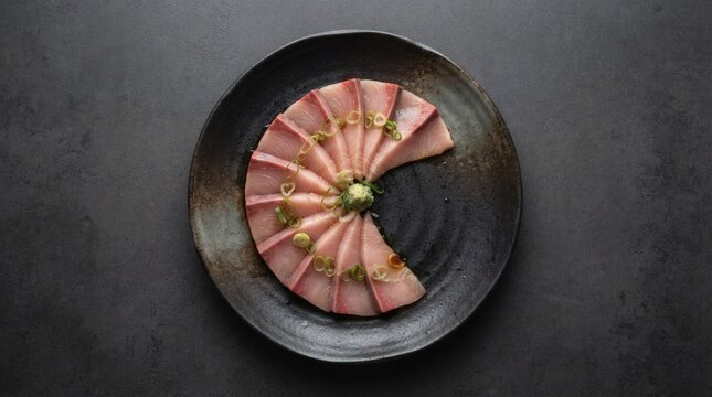 Overhead Flat Lay Yellowtail Sashimi Fan Arranged Crescent Plate Alone Plain Dark Backdrop

