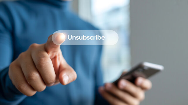 Businessman pressing unsubscribe virtual button on modern touchscreen interface for digital marketing preference management.