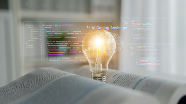 A bright light bulb symbolizes innovation in coding, showcasing an AI coding assistant with code snippets on an open book, merging technology with knowledge and creativity. Cyphers