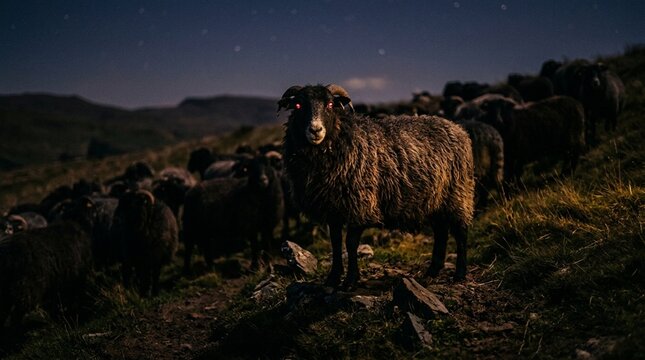 Black sheep standing in starry night pasture, wilderness landscape