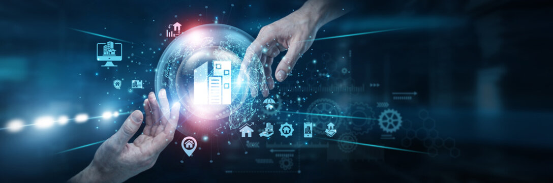 Manager Hands of human touching on property management network connection, real estate systems handling assets tenants maintenance operations rental management. organized property control.
