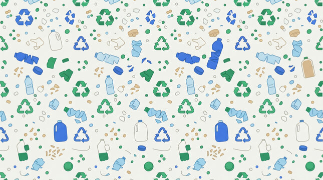 Plastic recycling seamless pattern with polymer granules and eco pellets. Flat vector background for environmental branding, sustainable packaging, industrial manufacturing design, and fabric print.