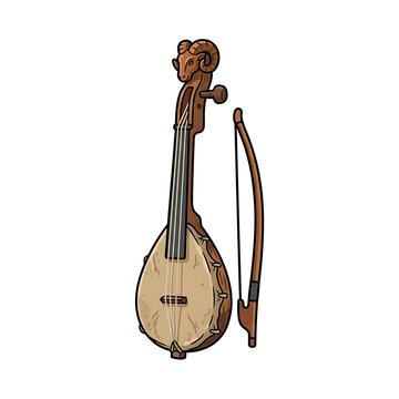 Traditional Serbian gusle string instrument with bow isolated on white background