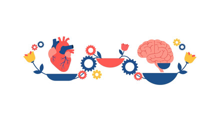 Fototapeta premium Conceptual Illustration of Heart and Brain Balance on Scales with Gears and Flowers