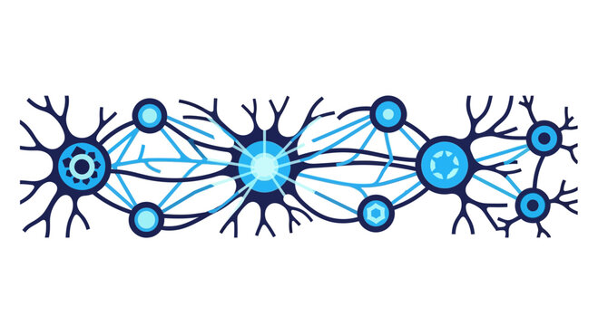 Abstract blue neural network vector illustration of connected brain cells and synapses for AI and neuroscience concepts.