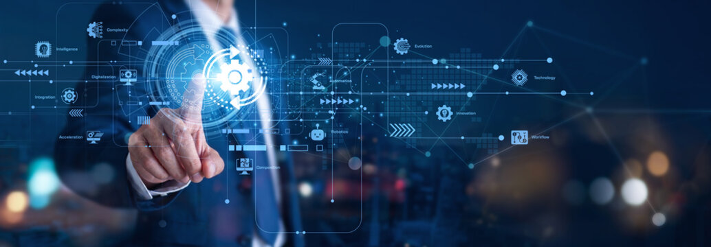 Transformation drives modern corporate change. A digital director hand touch Transformation icon to evolve goals. This adaptive network shift is a revolutionary organizational concept.