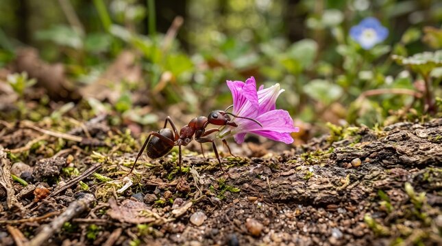Ant carrying flower