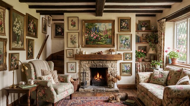 Cozy cottage living room floral decor