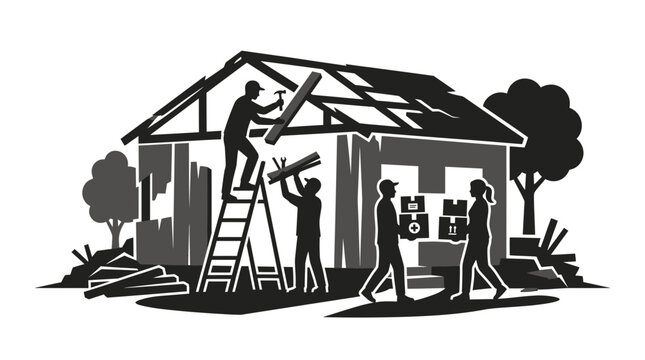 Teamwork illustration of volunteers rebuilding house and providing aid