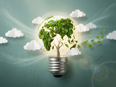 Green tree shaped like a globe growing inside a lightbulb symbolizing
