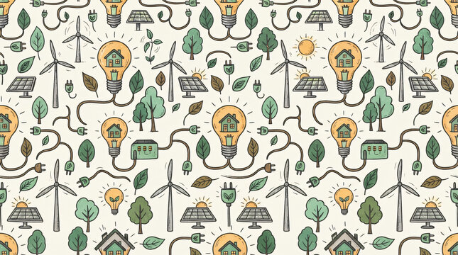 Smart home energy seamless pattern with hand drawn eco lightbulbs and solar panels. Vintage vector background featuring sustainability and electricity saving elements for green technology branding.
