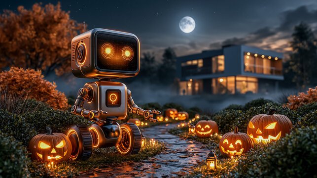 Security Robot Guarding Halloween Garden at Night