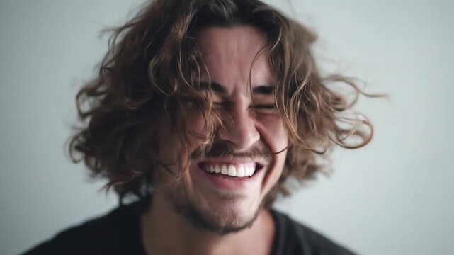 Man with long hair laughing with wide mouth.