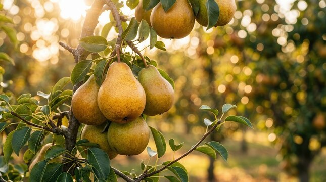 Ripe pears hanging on a tree branch with beautiful light flare glow.
