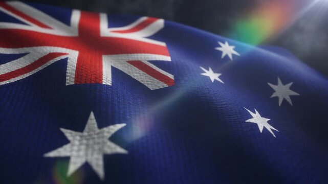 Cinematic Australian Flag Waving National Symbol with Realistic Fabric Texture and Lens Flare