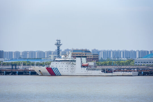 China MSA maritime patrol ship moored along the Yangtze River near Shanghai, China, representing maritime safety and vessel traffic management.