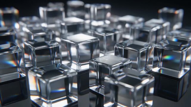 Abstract 3D Glass Cubes Render with Prismatic Light Refraction and Digital Technology Concept