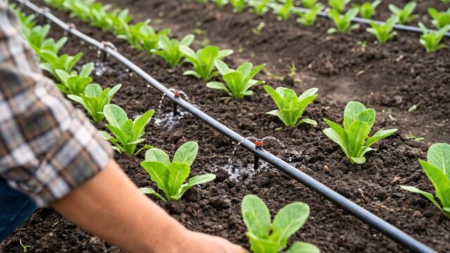 Farmer inspecting drip irrigation system in agricultural field for efficient water conservation and optimal crop cultivation
