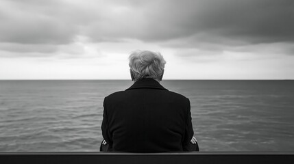 Fototapeta premium Elderly Man in Black Coat Back View Facing Sea, Serene Loneliness Meditation and Life Reflection Concept, Black White Minimal Melancholy Psychological Healing Visual Asset